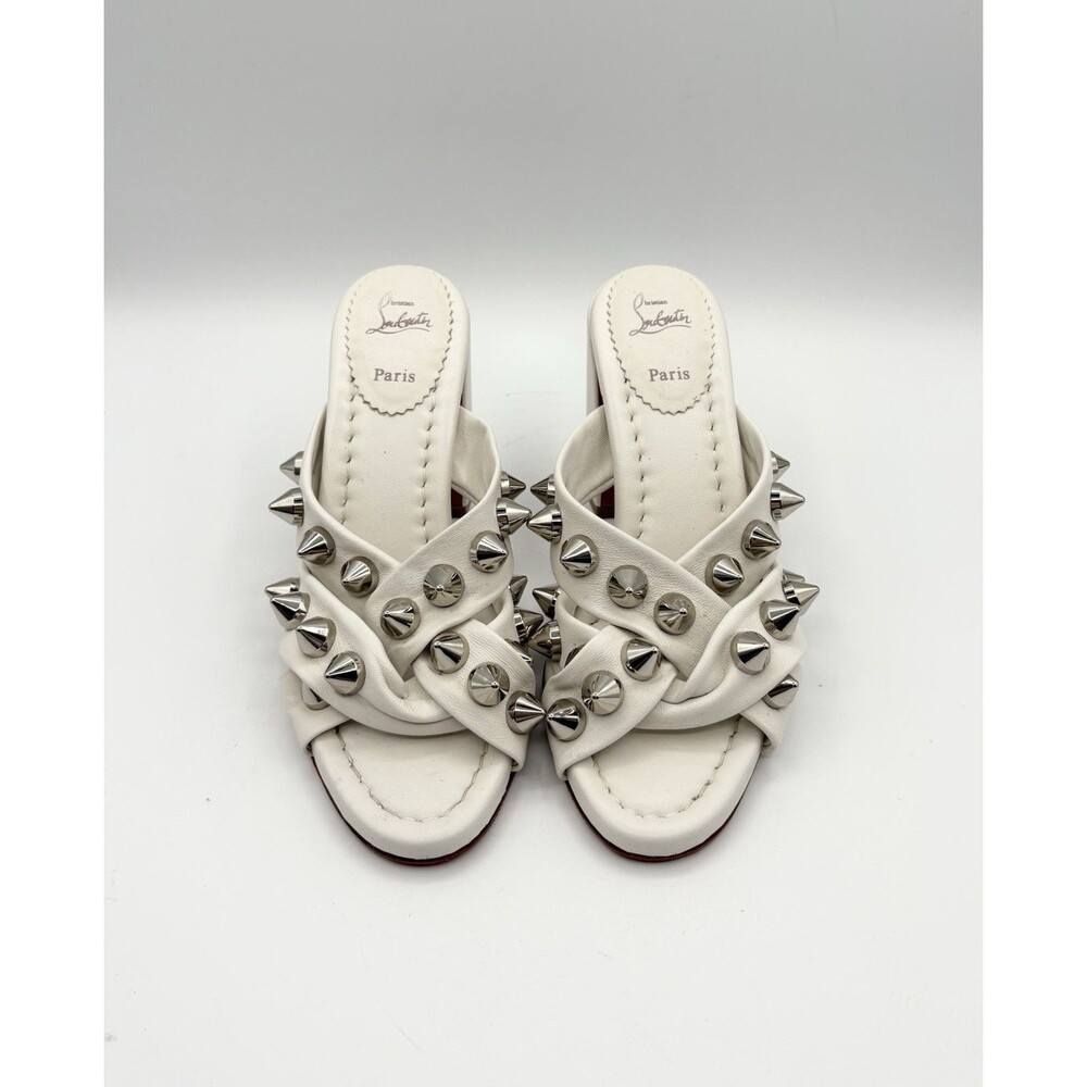Christian Louboutin White Leather Spiked Spika Club Block Heel Sandal Size EU 36